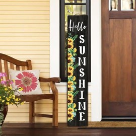 Bidesign (48x8) IN Tall Hello Sunshine Vertical Sign For Front Door Porch Standing Farmhouse Welcome Sign Sunflowers Wall Decor For Home Yard Garden Entry Sunflower Summer Decorations