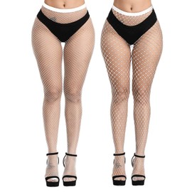 E-Laurels Womens High Waist Patterned Fishnet Tights Suspenders Pantyhose Thigh High Stockings (White Fishnet Tights M+L_hole)