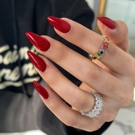 48pcs Wine Red Press-on Nails - Medium Length Almond Shaped, Stiletto False Nails for Women, Thick Natural Acrylic Gel Nails