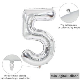 TONIFUL 40 Inch Silver Large Numbers Balloons 0-9, Number 5 Digital 5 Helium Balloons, Foil Mylar Big Number Balloons for Birthday Party Anniversary Supplies Decorations