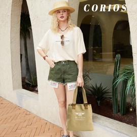 CORIOS Canvas Handbag Women Tote Bag Large Capacity Shoulder Bag Multi-Pockets Top Handle Bag with Zipper Casual Hobo Bag Chic Bag for Work Travel Shopping Daily Khaki