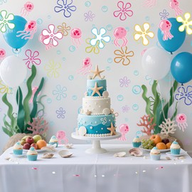 Flowers Bubbles and Jellyfish Birthday Party Decorations Under The Sea Theme Happy Birthday Party Peel and Stick Flowers Bubble & Jellyfish Stickers Banner Background Decorations for Party Supplies