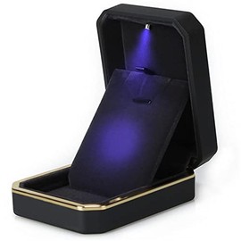 Luxury Ring Box, Square Velvet Wedding Ring Case Jewelry Gift Box with LED Light for Proposal Engagement Wedding Organiser - Color: Black
