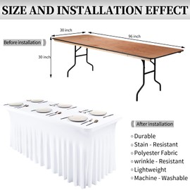 REWOMC 4 Pack 8Ft Spandex Table Skirt Fitted White Stretch Tablecloth,One-Piece Wrinkle-Resistant Ruffles Design Installs in Seconds,Perfect for Rectangle Tables Banquets Parties Wedding Thanksgiving
