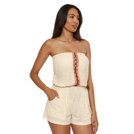 Lucky Brand Women's Standard Malaga Bandeau Romper, Crochet Trim, Casual, Beach Cover Ups, Natural