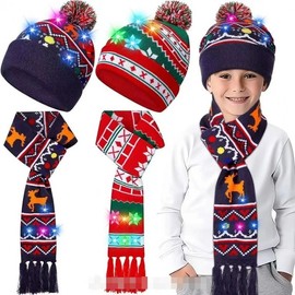 Light-Up Elk Jacquard Christmas Beanie Hat and Scarf Set Free Size/14 2ea