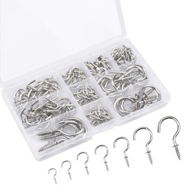 Pack of 120 Screw Hooks, Stainless Steel Hook Screws, Hooks for Screwing Metal, Nickel-Plated Screw-In Hooks, Cup Hooks, Ceiling Hooks for Wood Thread, 7 Sizes (Silver)