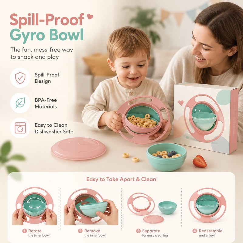 360° Rotating Gyro Snack Bowl for Kids – Spill-Resistant PP