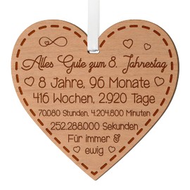 8. Jahrestag Geschenk für Paare Achte Hochzeitstag Geschenke für ihn und sie Jubiläumsgeschenk für Ehemann 8 Jahre Jubiläum Holzherz zum Aufhängen mit Gravur Erinnerung für Ehefrau