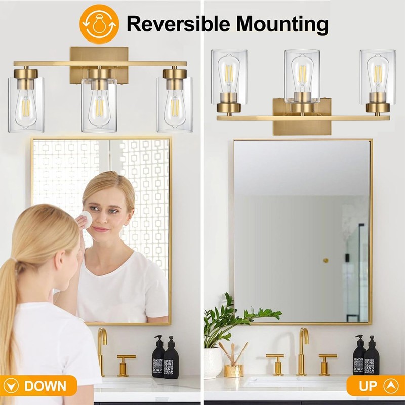 A1A9 3-Light Bathroom Vanity Light, Modern Brushed Gold Wall Lights