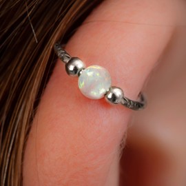 Silver Helix Cartilage Hoop - Handmade 8mm Hoop with a Cute 3mm White Opal - Hypoallergenic Thin 20 Guage Sterling Silver Cartilage Earring Piercing Hoop