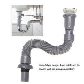 HAOHIZE Flexible Universal Sink Drain Pipe, S-Type, Grey, Plastic + Steel, 6cm/2.4in x 39cm/15.4in (80cm/31.5in Stretched), Kitchen & Bathroom Sink Drain, No Accessories Included
