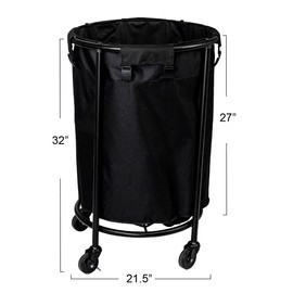 Household Essentials Round Laundry Hamper, Metal Frame with Wheels, Heavy Duty and Commercial-Grade, Black Polyester Bag, Great For Both Residential and Commercial Use
