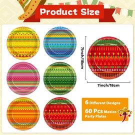 60PCS Mexican Party Plates 7" Fiesta Paper Plates Mexican Party Decorations Mexico Colorful Stripes Disposable Dinnerware for Mexican Themed Tableware Pinata Taco Day of the Dead Party Supplies