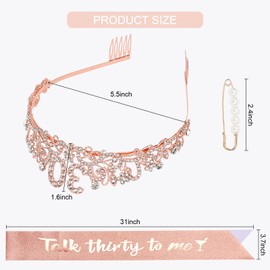 KIUEZIR Rose Gold Birthday Tiara and Sash Set - Elegant Floral Rhinestone & Alloy 30th Crown Headband with Comb & Soft Glitter Fabric Sash, Women's Party Hair Accessories for 30th Birthday
