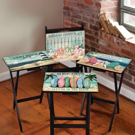 Cape Craftsmen Rectangular TV Trays Table | Set of 4 | Easy Folding Couch Trays with Storage Rack | Decorative Portabe Serving Tables for Home Activities (West Coast Beach)