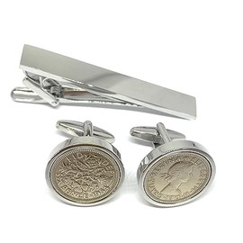 Premium 1954 Original Lucky Sixpence 6d birthday/Anniversary Cufflinks ideal for a 71st birthday HT SLV Tie Clip Set