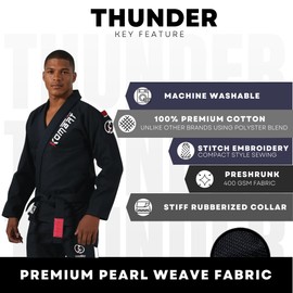 KOMBAT USA Thunder Gi | Light Weight Premium Quality | Brazilian Jiu-Jitsu - BJJ | Adult - Preshrunk w/FREE WHITE BELT (Black, A1L)