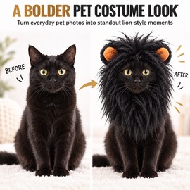 Black Lion Mane Cat Costume Hat, Pet Lion Wig for Cats and Small Dogs, Funny Faux Fur Pet Cosplay Hat for Halloween, Christmas, Parties and Photo Props