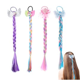 4 Packs Girls Hairband Accessories Wig Ponytail Braid Colored Braids Hair Extensions with Rubber Bands Crazy Hair Day Accessories for Kids Girls Children Rainbow Braided Hair Strands for Party