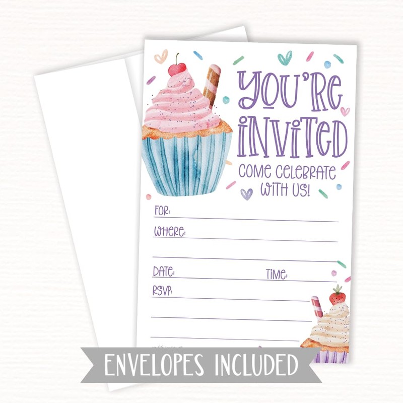 Cupcake Invitations Birthday (20 Count With Envelopes) - Watercolor Cupcakes