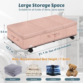 Supowin Under Bed Storage with Wheels, Rolling Underbed Storage Containers with Lids, Under Bed Shoe Storage Bins Organizer with Reinforced Metal Bottom Support and Three Handles, 2 Pack Pink