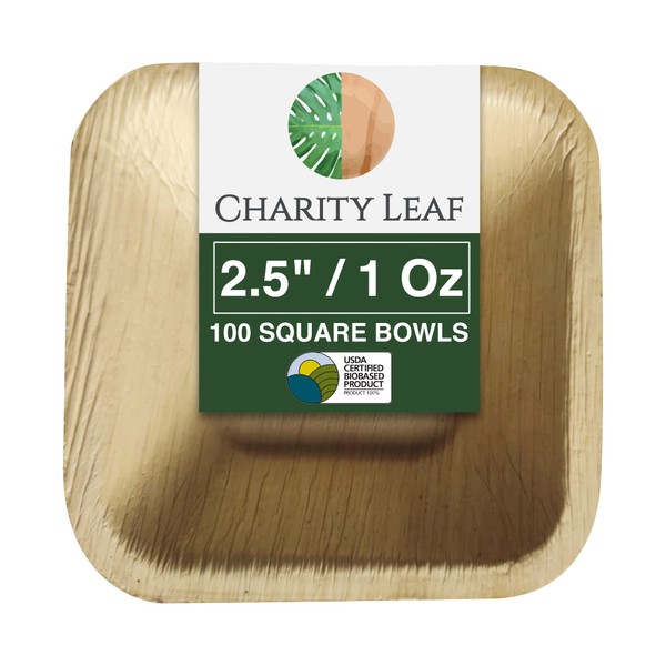 Charity Leaf Disposable Palm Leaf 2.5" Square Mini Bowl (100 pcs) Dipping Bowls | Bamboo Like| All Natural and Biodegradable | Charcuterie Boards, BBQs, and Parties