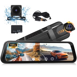 Podofo Rear View Mirror Camera,Dash Cam Front and Rear for Car,9.66" IPS Touch Screen Smart Rear View Mirror 1080P Backup Camera,G-Sensor,Parking Monitor,Reverse Assist,GPS Tracking,Voice Control+64G