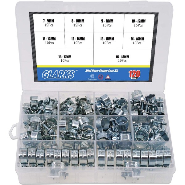 Glarks 120Pcs 10 Size Mini Fuel Injection Style Hose Clamp Assortment Kit For Diesel Petrol Pipe