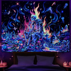 Heopapin Blacklight Skull Tapestry Psychedelic Skeleton Gothic Tapestry UV Reactive Galaxy Space Wall Hanging Halloween Party Poster Aesthetic Plant Floral Tapestries for Bedroom