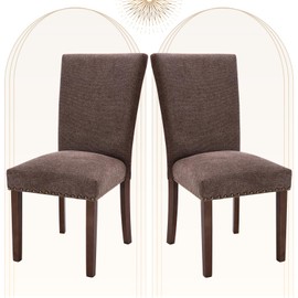 COLAMY Upholstered Parsons Dining Chairs Set of 2, Fabric Dining Room Kitchen Side Chair with Nailhead Trim and Wood Legs - Brown