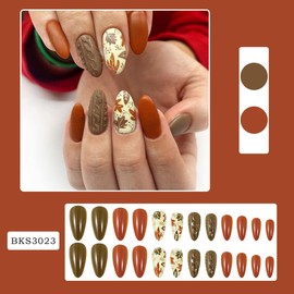 Thanksgiving Almond Press on Nails Medium Fake Nails with Maple Leaf Designs Dark Red Nails Press ons Brown Acrylic Nails Glossy Glue on Nails Fall Artificial Stick on Nails for Women 24Pcs