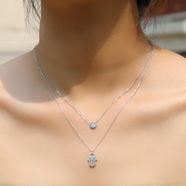Iborov Evil Eye & Hamsa Hand Double Layered 925 Sterling Silver Pendant Necklace Stylish Protective Jewelry For Women