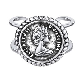 Vintage Signet Rings Men Women 925 Sterling Silver Ring, Oxidized Dainty Irregular Queen Elizabeth Ⅱ Coin Ring Statement Ring Promise Band Adjustable Stackable Ring