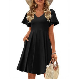 Zeagoo Womens Cover Up Beach Dress Casual Summer Dresses Floral Swing V Neck Swing Ruffle Short Sleeve Sundresses Hawaiian Dress 2025 with Pockets Tshirt Dress Black