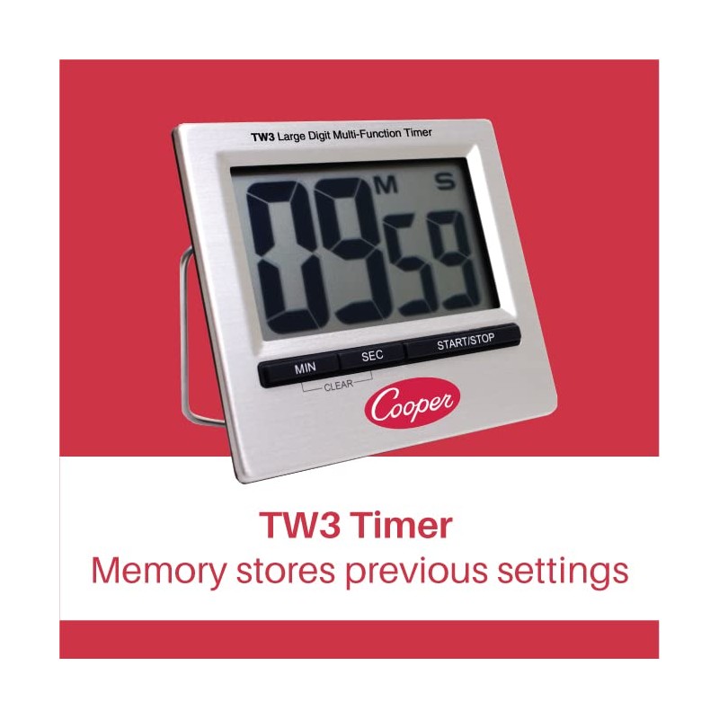 Cooper-Atkins TW3-0-8 Stainless Steel Large Digit Timer, Time Range 99