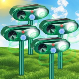 4Pack 2025 Squirrel Fortress Pro Solar Ultrasonic Animal Repellent Outdoor, Deer Repeller with Motion Sensor & Flash Light, Waterproof Dog Skunk Raccoon Rabbit Cat Deterrent for Yard Farm