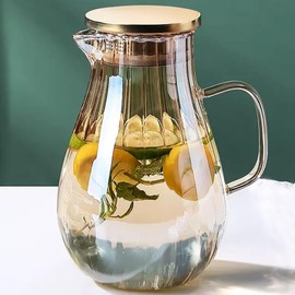 Glass Pitcher With Lid Amber Round Water Carafe with handle and Spout for Homemade Beverage, Juice,Hot Coffee, Iced Tea and Milk （62oz）