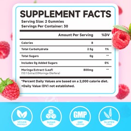 Moringa Gummies - Pure Moringa Leaf Supplement for Adults, Energy, Immune & Skin Health Superfood, Rich in Essential Vitamins, Antioxidants & Amino Acids, Sugr-Free, Raspberry Flavor, 60 Count