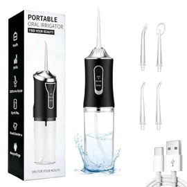 Wireless Waterproof Oral Irrigator, Water Flosser Teeth Cleaning for Spaces, Dental Irrigator, Interdental Cleaner, Equipped with 4 Nozzles, 1 Charging Cable, Black