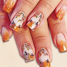 24Pcs Thanksgiving Press on Nails Short Square Pumpkin Fake Nails Maple Leaf Design Full Cover Autumn Nails Glitter Glue on Nails Gold French Tip False Nails for Women Fall Acrylic Nails Decorations