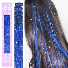 IDN BEAUTY Hair Tinsel Clip in, 6pcs Treasure Blue Sparkling Tinsel Hair Extensions 3s Wear and Go for Party Daily Travel Birthday, 24Inch Hair Accessories for Girls Women Kids