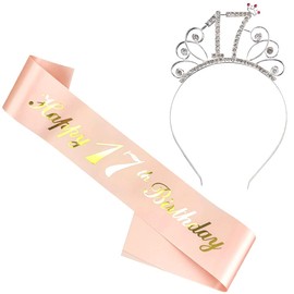 Liitata 17th Birthday Sash Tiara Set Happy 17th Birthday Sash 17th Birthday Crystal Tiara Crown for Girls Birthday Gift Party Birthday Party Decoration Accessories - Rose Gold
