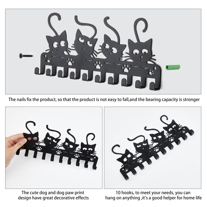 SUPERDANT Cat Wall Key Hook Wall Hook with Black Cats