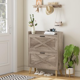 Homleke Farmhouse Shoe Storage Cabinet with 2 Flip Drawers and Barn Door Design, Adjustable Shelves, Modern Hidden Slim Narrow Shoe Rack Cabinet for Entryway, Foyer, Hallway, Living Room, Greige