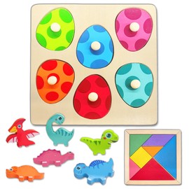 AMFUN Animal Peg Puzzles Wooden Toys, Wooden Dinosaur Puzzle Toys, Farm Animal Peg Puzzles, Montessori Toys for 1 2 3 Year Old Boy Girl Gifts, Birthday Christmas Easter Gifts for Kids