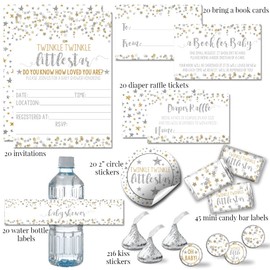 Gold & Silver Twinkle Little Star Gender Neutral Baby Shower Party Bundle Includes 20 Invitations with Envelopes + 4 Different Sizes of Decorative Stickers, Diaper Tickets & Bring a Book Cards