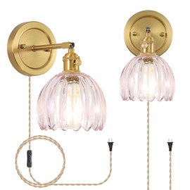 Eemmwet Tulip Wall Sconces Set of 2, Pink Glass Plug in Wall Lights with Brass Base, Handmade Vintage Wall Sconce Lighting for Bedroom Bedside Living Room Hallway