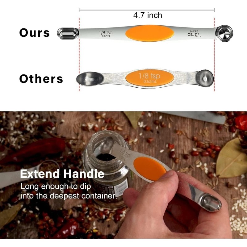 ChefAide Stainless Steel Magnetic Measuring Spoons Set, Upgraded Extended Set