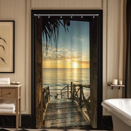 Small Stall RV Half Size Beach Ocean Coastal Summer Tropical Seaside Sunset Shower Curtain for Bathroom 39W*72H Inch Rustic Barn Door Lodge Bathtub Decor Modern Aesthetic Waterproof Polyester Fabric